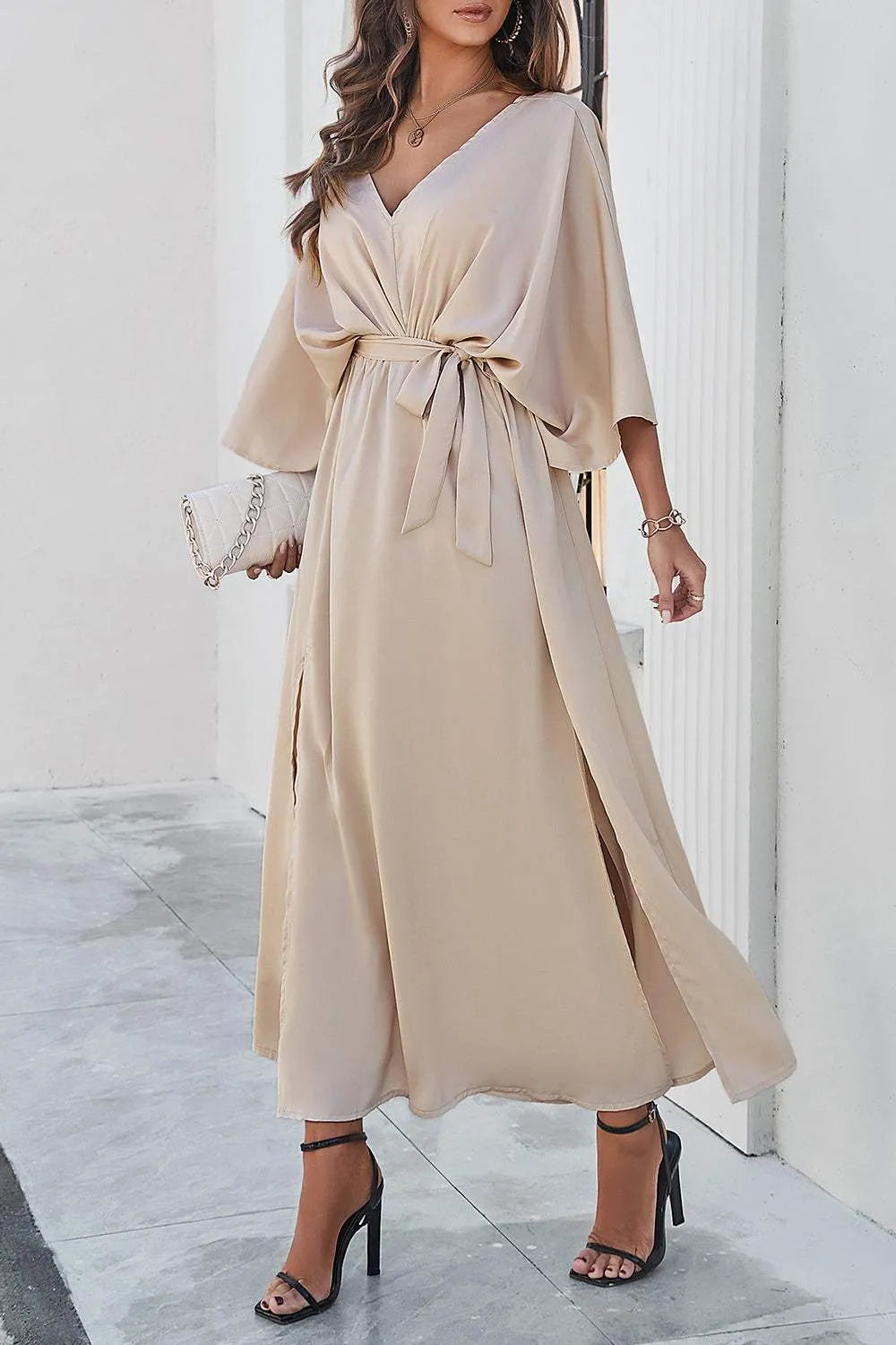 Slit Tied V-Neck Three-Quarter Sleeve Dress Casual Dresses - Tophatter Daily Deals