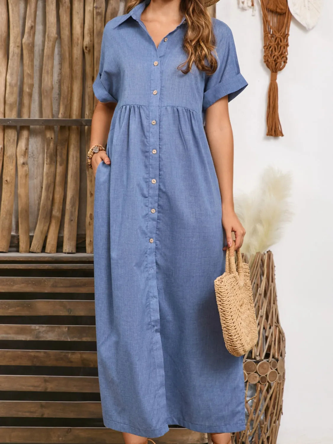 Slit Collared Neck Short Sleeve Midi Dress Casual Dresses - Tophatter Daily Deals