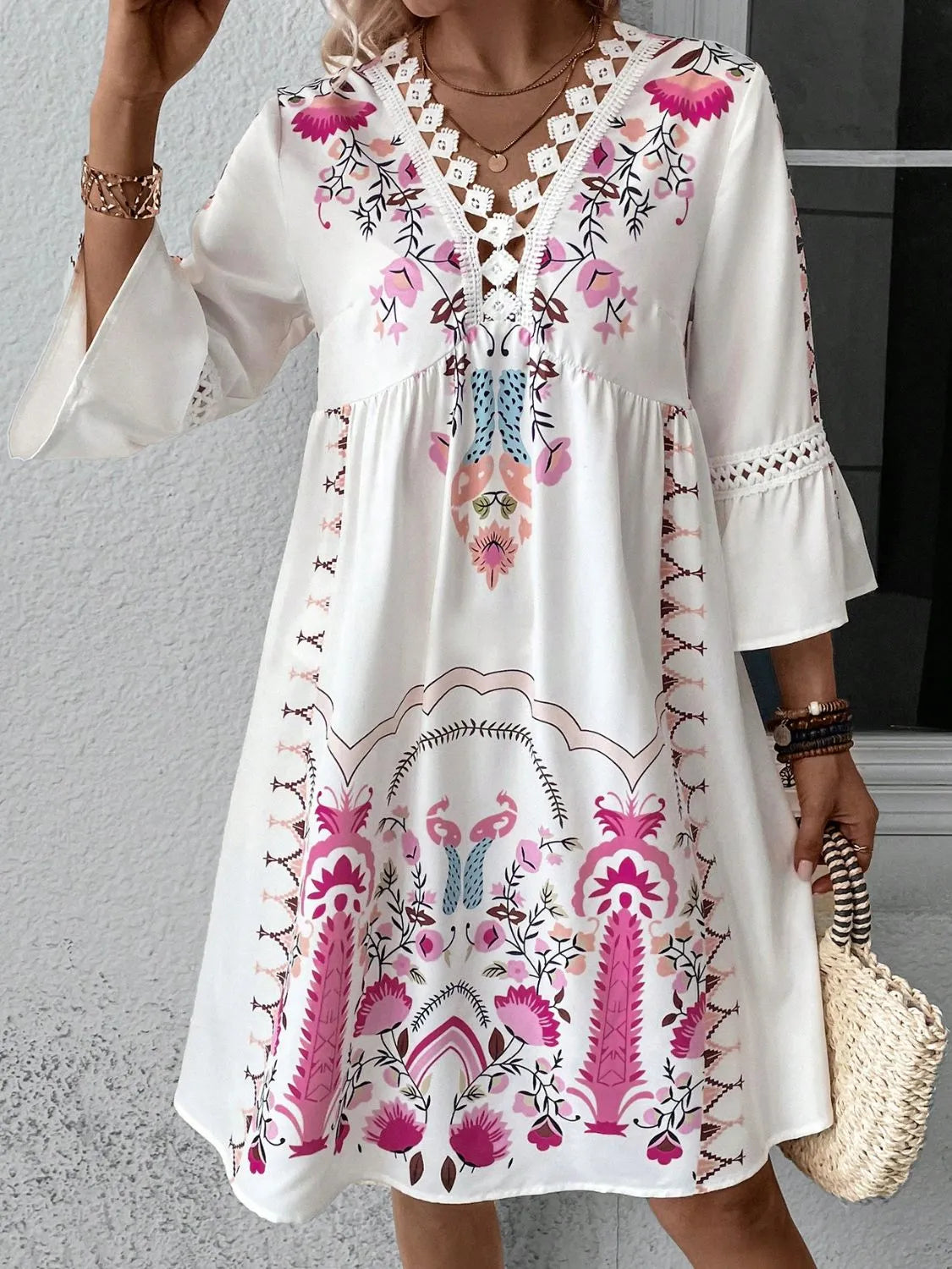 Lace Detail Printed Three-Quarter Sleeve Dress Deep Rose Casual Dresses - Tophatter Daily Deals