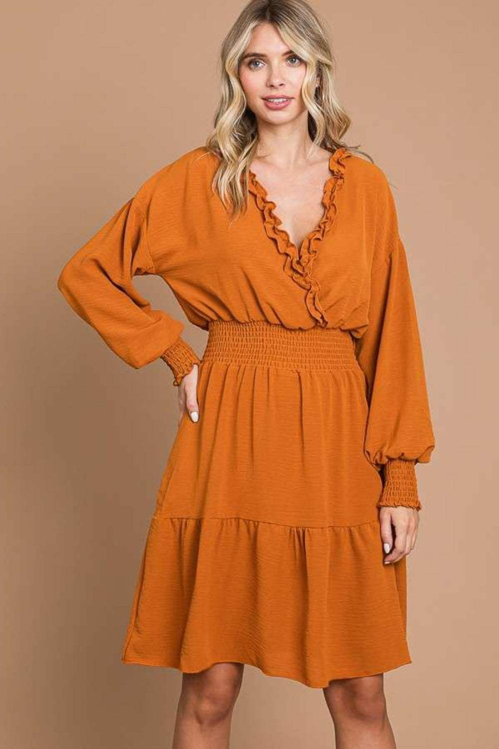 Culture Code Full Size Frill Smocked Lantern Sleeve Mini Dress GINGER Casual Dresses - Tophatter Daily Deals