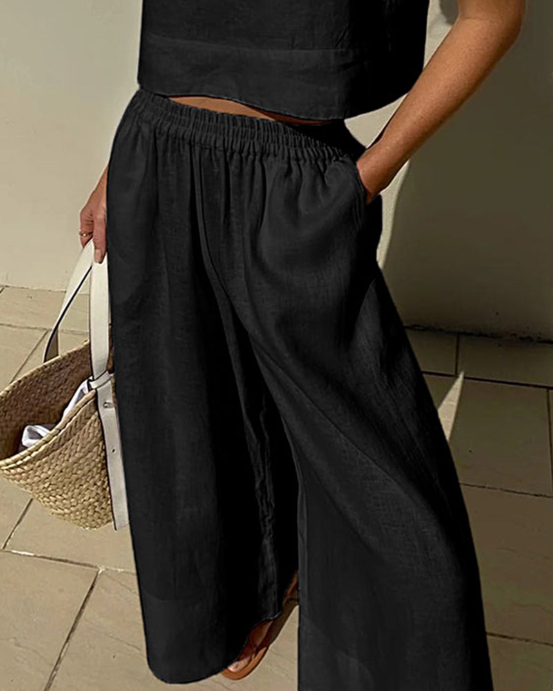 Elastic Waist Wide Leg Pants Black Pants - Tophatter Daily Deals