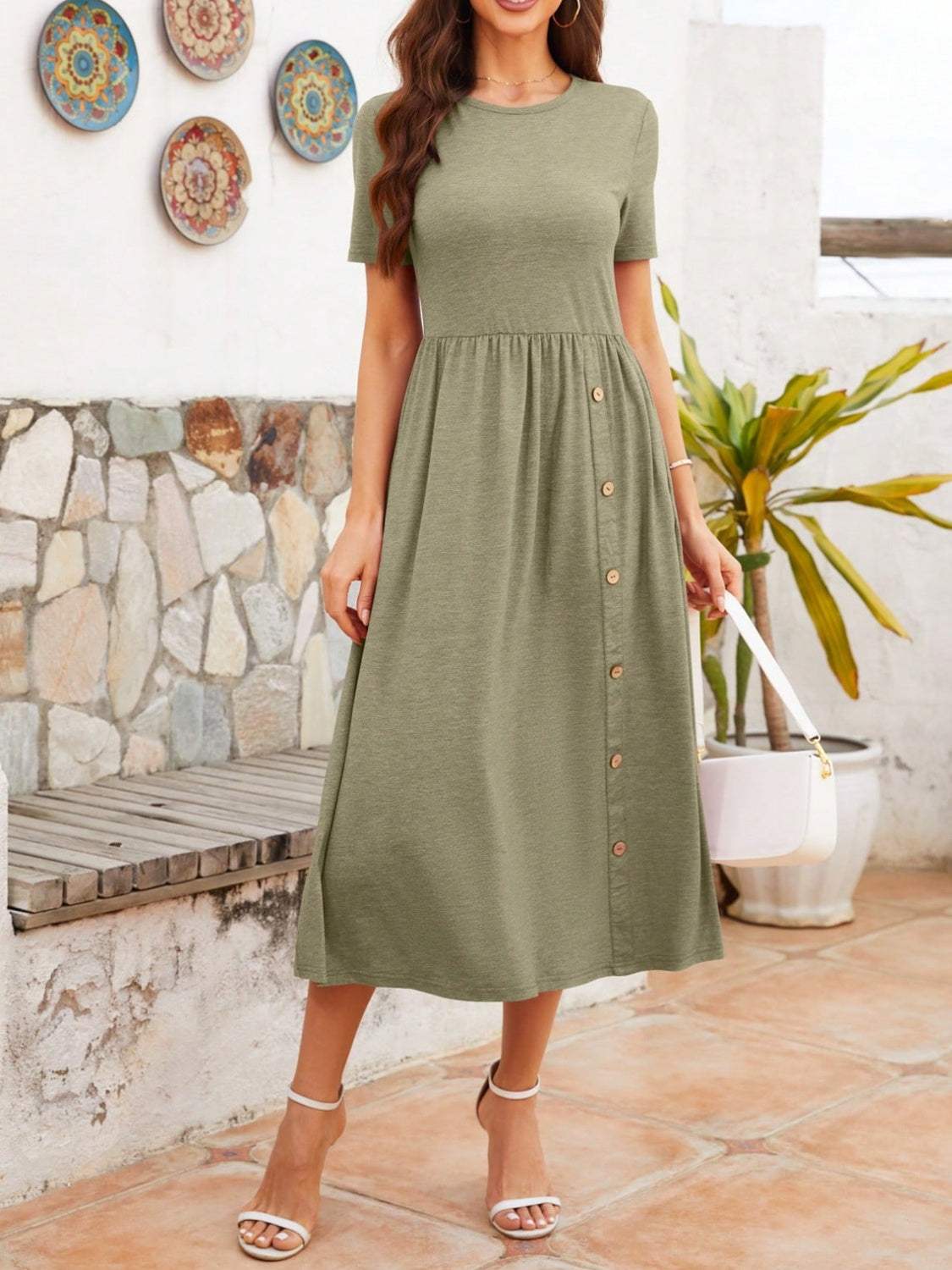 Round Neck Short Sleeve Midi Dress Sage Casual Dresses - Tophatter Daily Deals