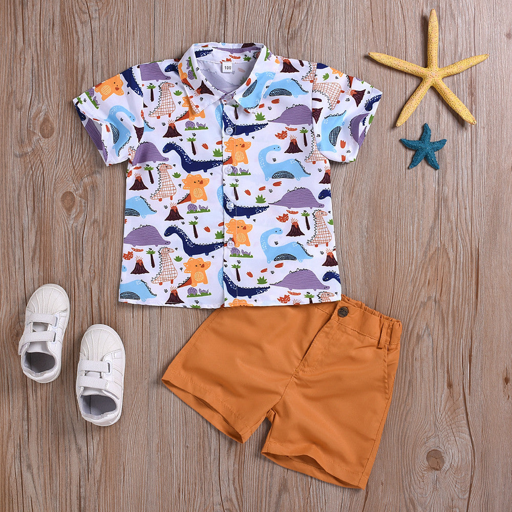 Boy's dinosaur print short sleeve suit Yellow 0 - Tophatter Daily Deals