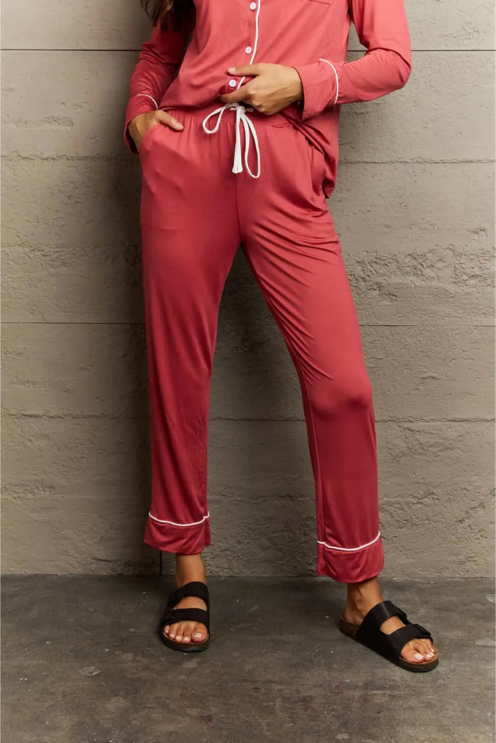 Ninexis Buttoned Collared Neck Top and Pants Pajama Set Loungewear Sets - Tophatter Daily Deals