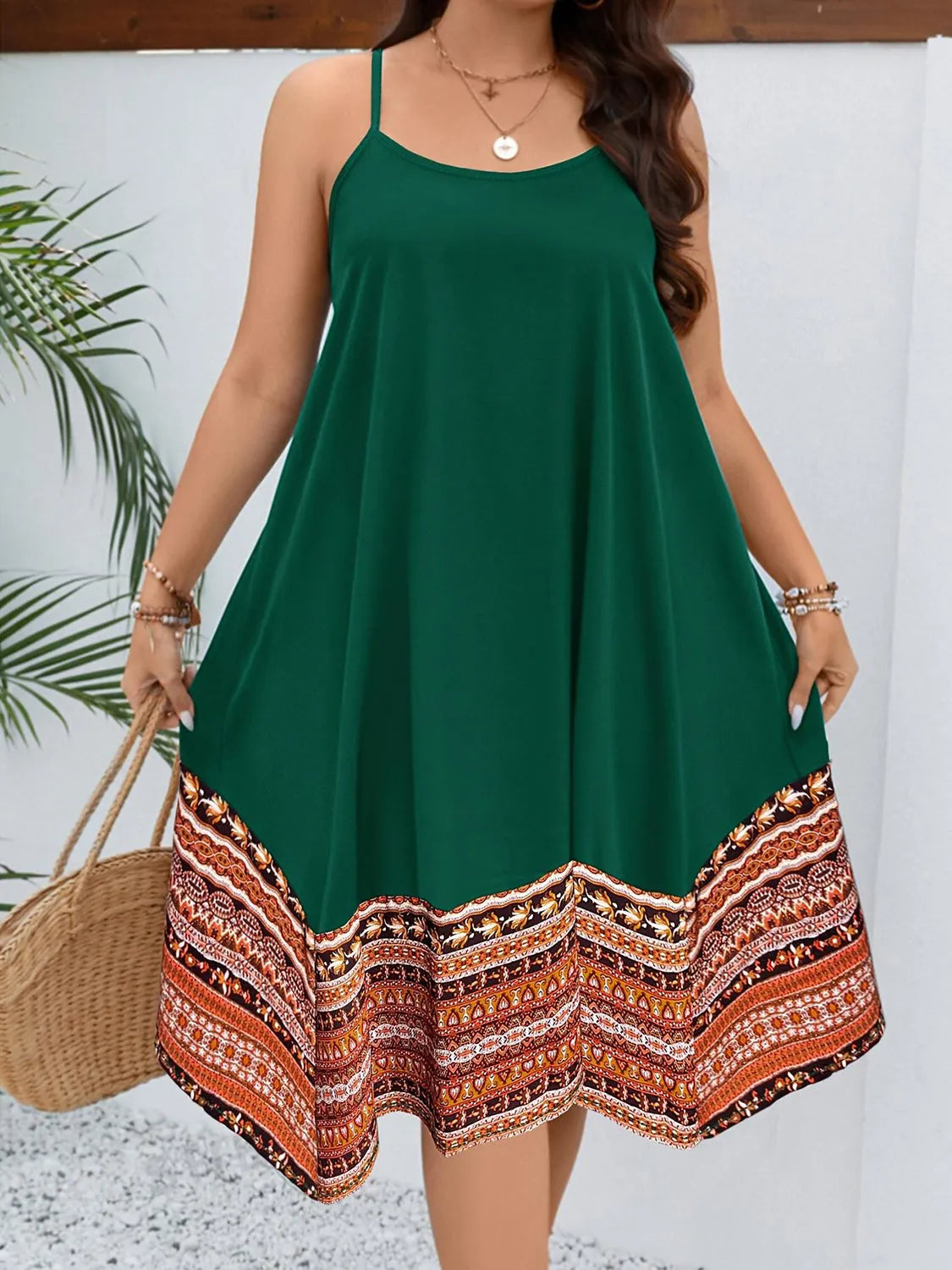 Plus Size Printed Round Neck Cami Dress Dark Green Casual Dresses - Tophatter Daily Deals