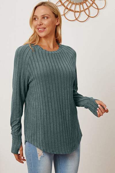 Basic Bae Full Size Ribbed Thumbhole Sleeve T-Shirt Teal Women's T-Shirts - Tophatter Daily Deals