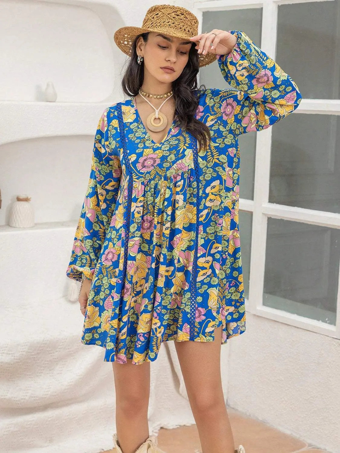 Printed V-Neck Balloon Sleeve Mini Dress Royal Blue Casual Dresses - Tophatter Daily Deals