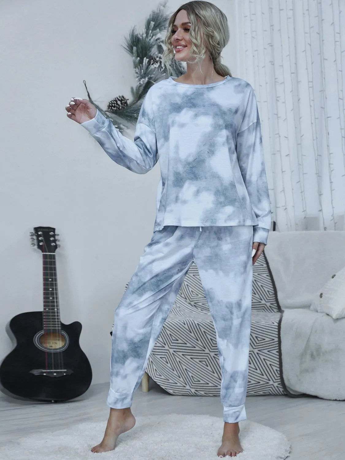 Tie-dye Round Neck Top and Drawstring Pants Lounge Set Loungewear Sets - Tophatter Daily Deals