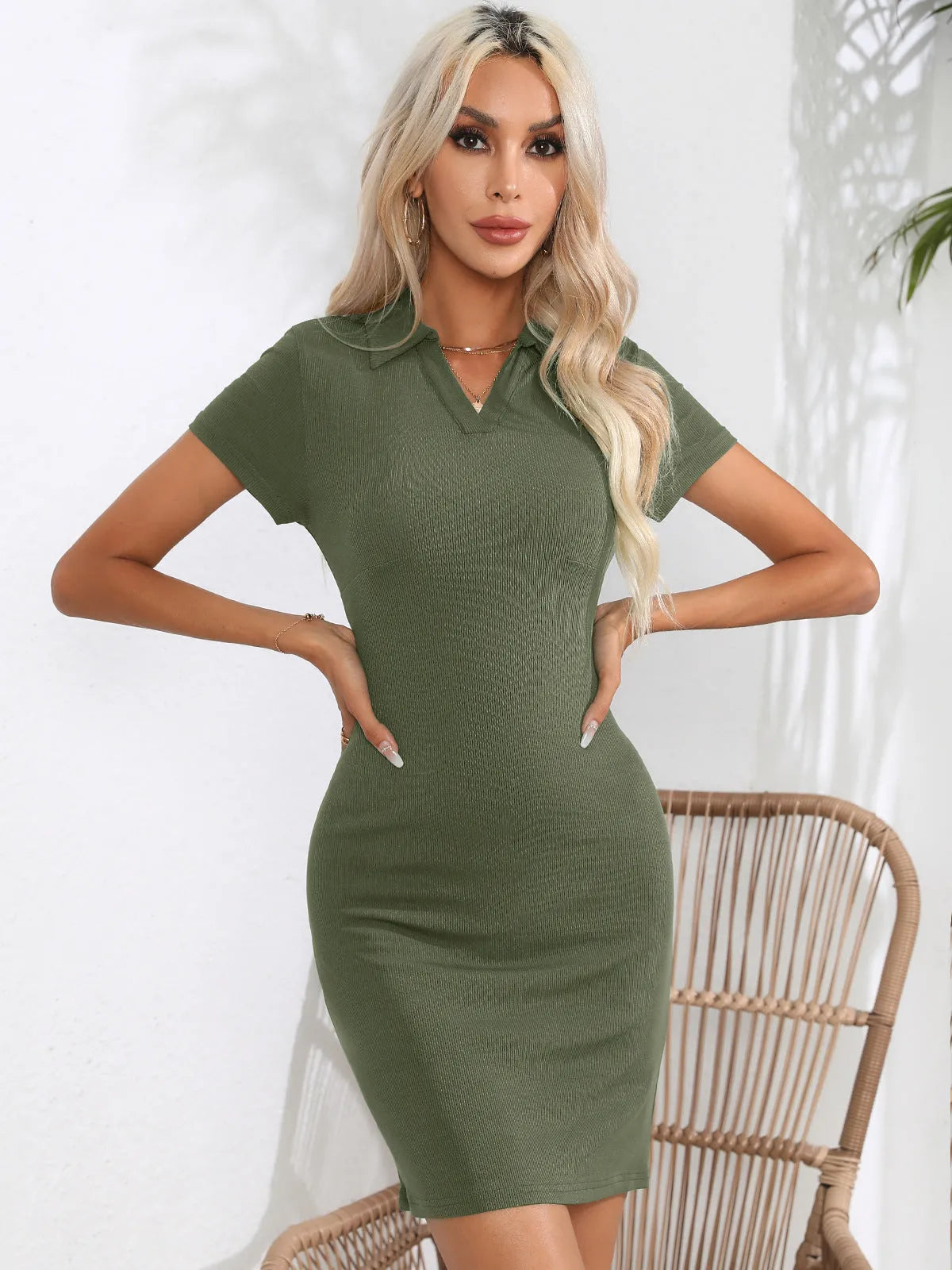 Johnny Collar Short Sleeve Bodycon Dress Casual Dresses - Tophatter Daily Deals