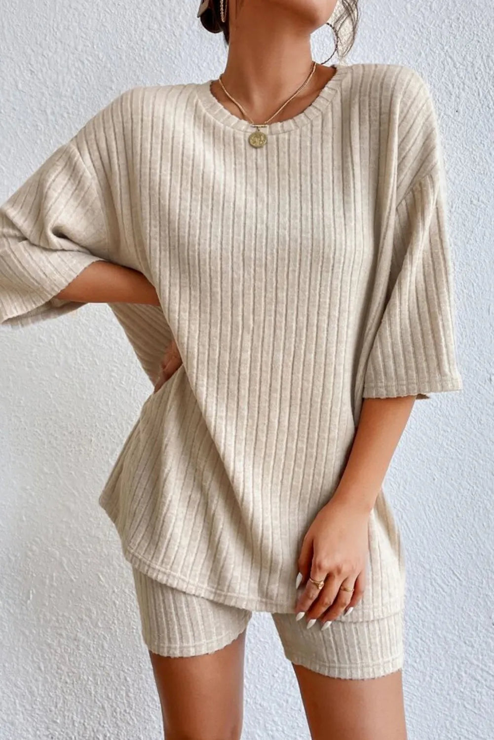 Apricot Plain Ribbed Loose Fit Two Piece Lounge Set Apricot 85%Polyester+10%Viscose+5%Elastane Loungewear & Sleepwear/Loungewear - Tophatter Daily Deals