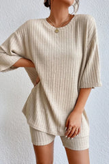 Apricot Plain Ribbed Loose Fit Two Piece Lounge Set Apricot 85%Polyester+10%Viscose+5%Elastane Loungewear & Sleepwear/Loungewear - Tophatter Daily Deals