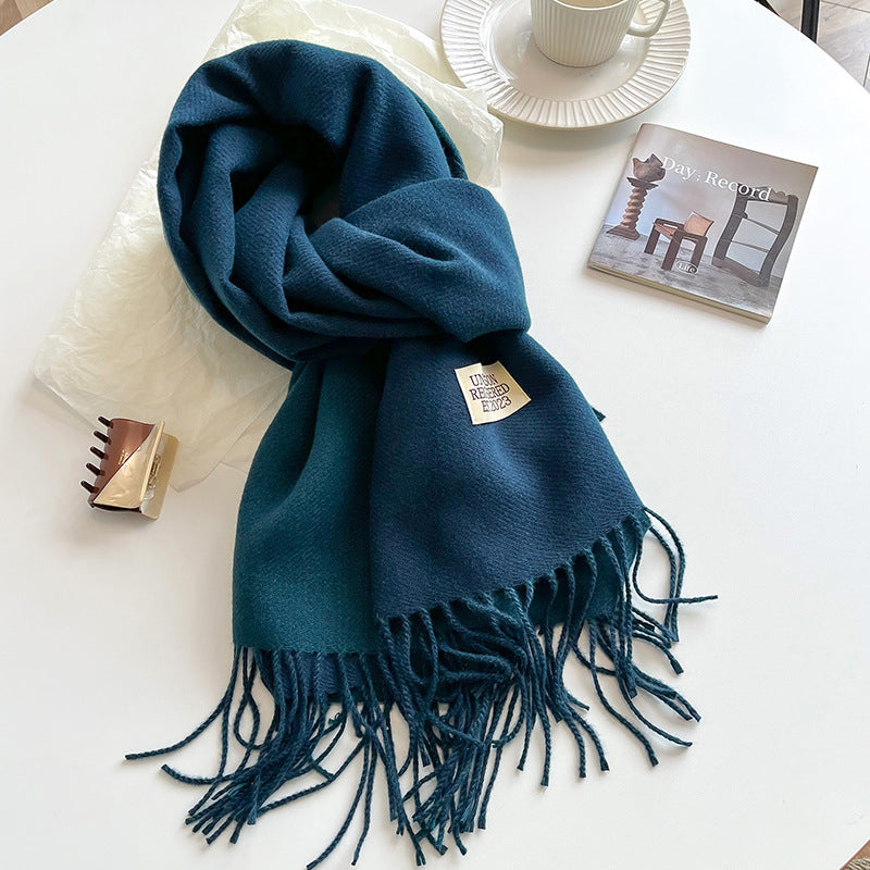 Warm Women Scarf - Reversible Fringed Cashmere Winter dark blue - Tophatter Daily Deals