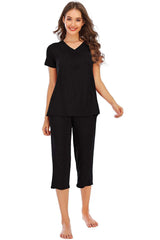 V-Neck Short Sleeve Top and Pants Lounge Set Black Loungewear Sets - Tophatter Daily Deals