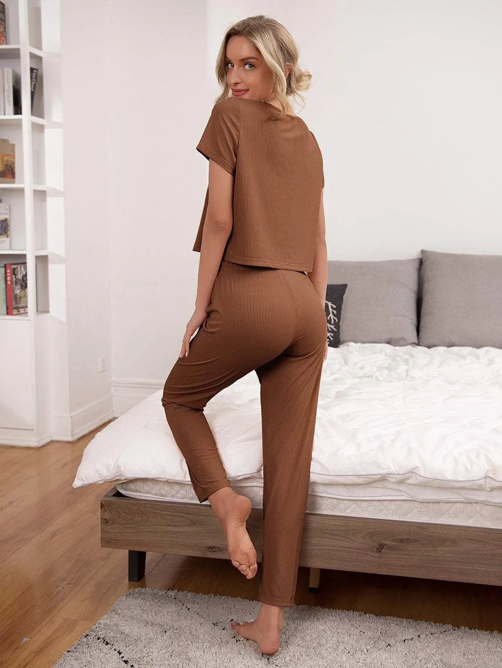 Round Neck Short Sleeve Top and Pants Lounge Set Loungewear Sets - Tophatter Daily Deals