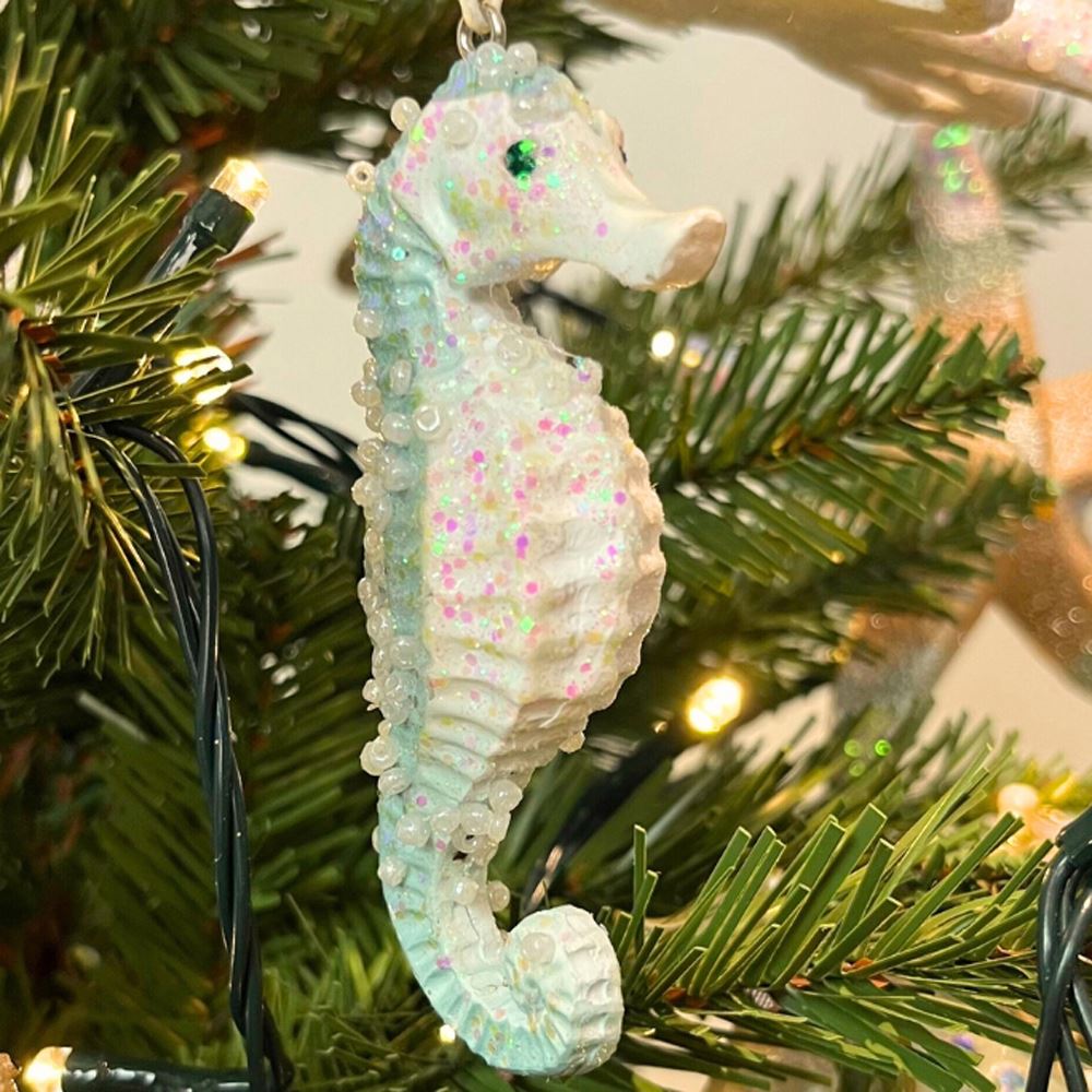 Pale Blue Seahorse Christmas Bauble | Resin Sea Creature Tree Ornament - 9cm Baubles - Tophatter Daily Deals