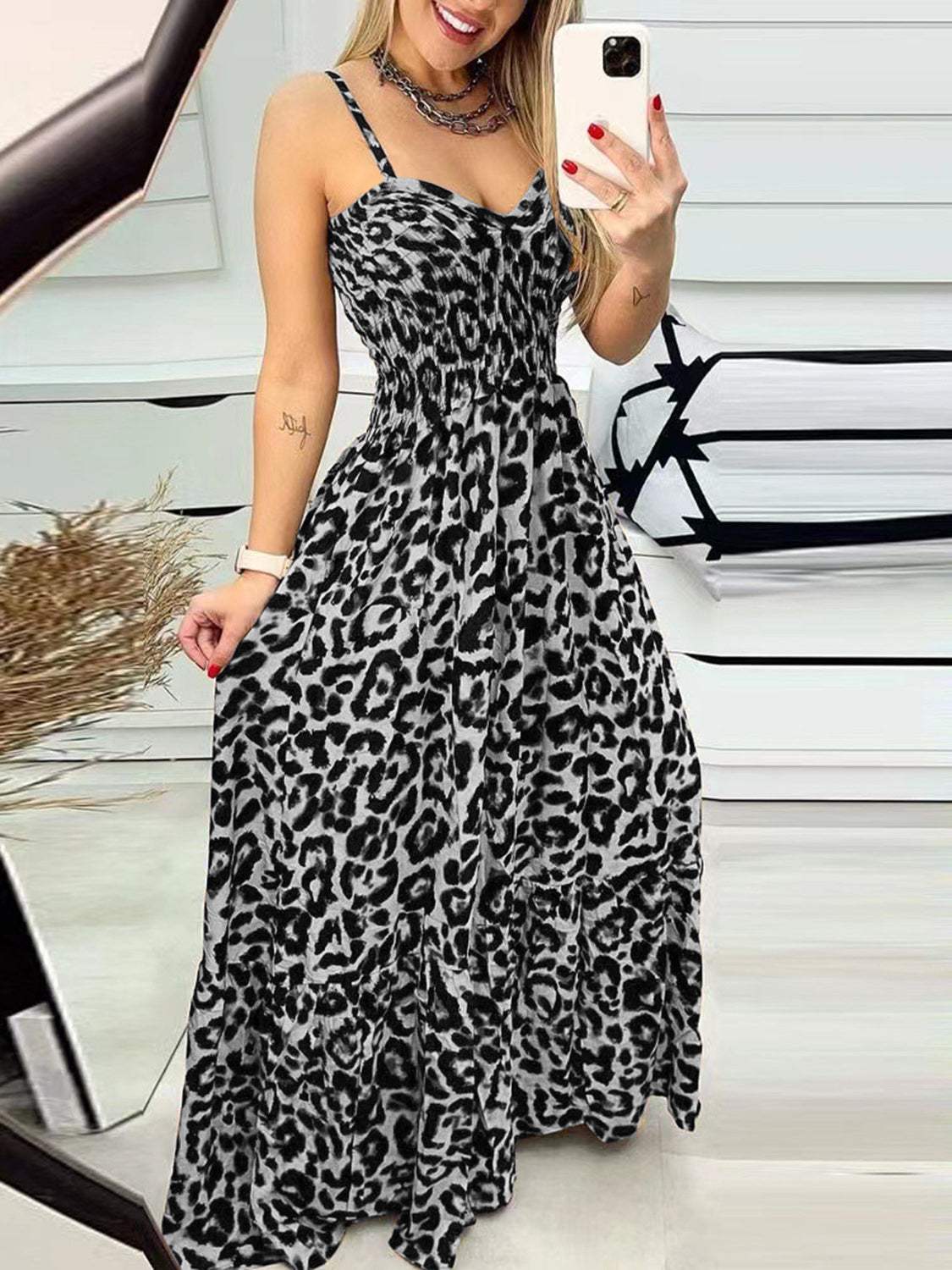 Leopard Sweetheart Neck Cami Dress Charcoal Casual Dresses - Tophatter Daily Deals