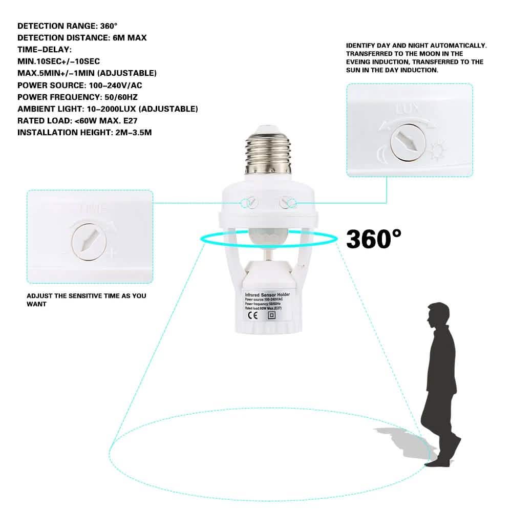 360 Degree Detection PIR Infrared Motion Sensor E27 LED Light Indoor Lighting - Tophatter Daily Deals