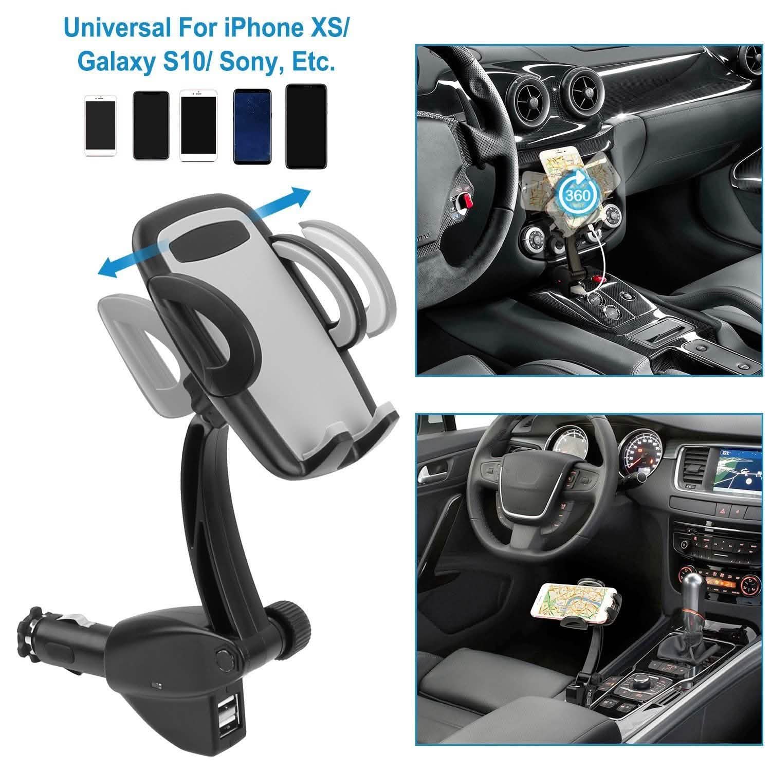 360° Dual USB Smartphone Mounting Car Charger Automotive - Tophatter Daily Deals