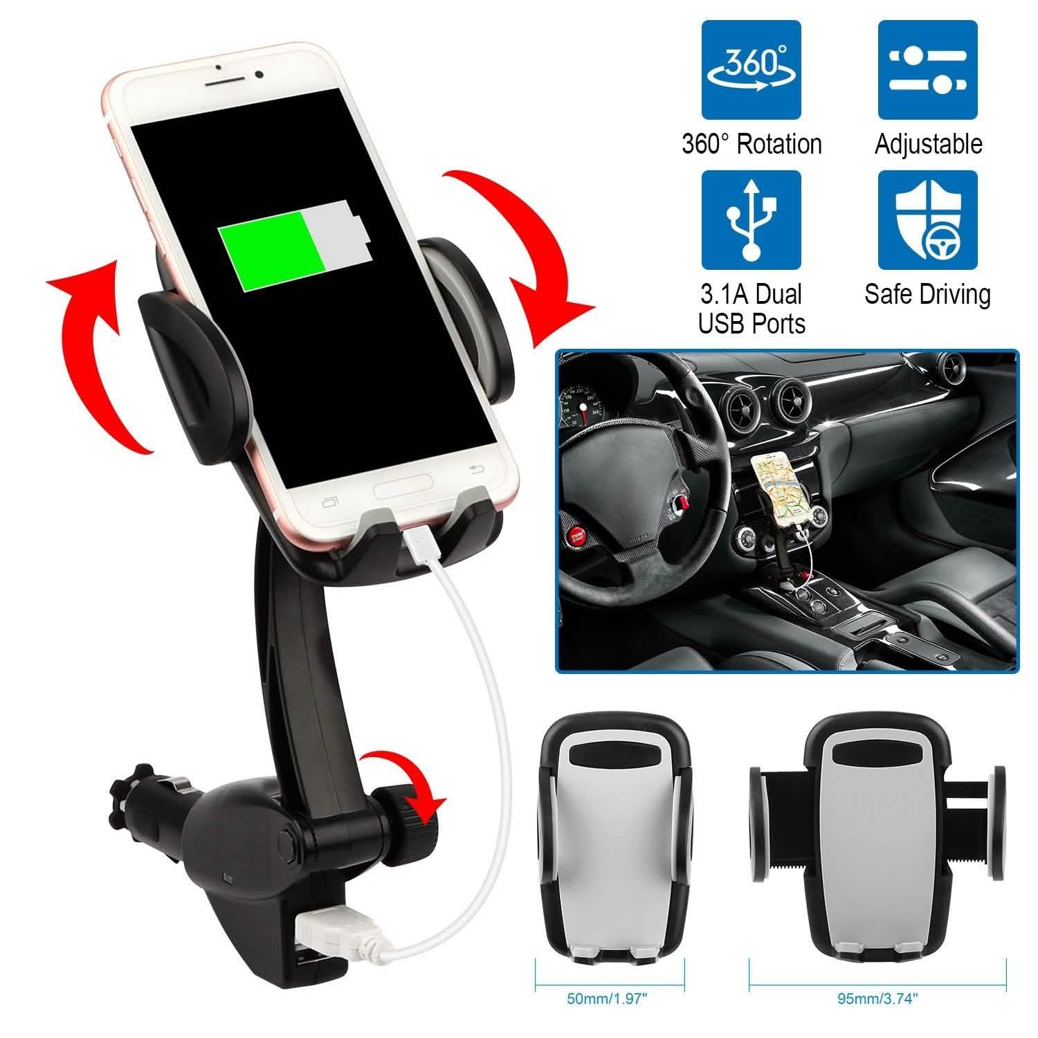 360° Dual USB Smartphone Mounting Car Charger Automotive - Tophatter Daily Deals