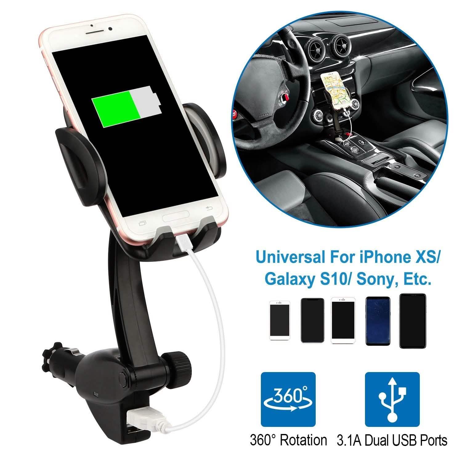 360° Dual USB Smartphone Mounting Car Charger Automotive - Tophatter Daily Deals