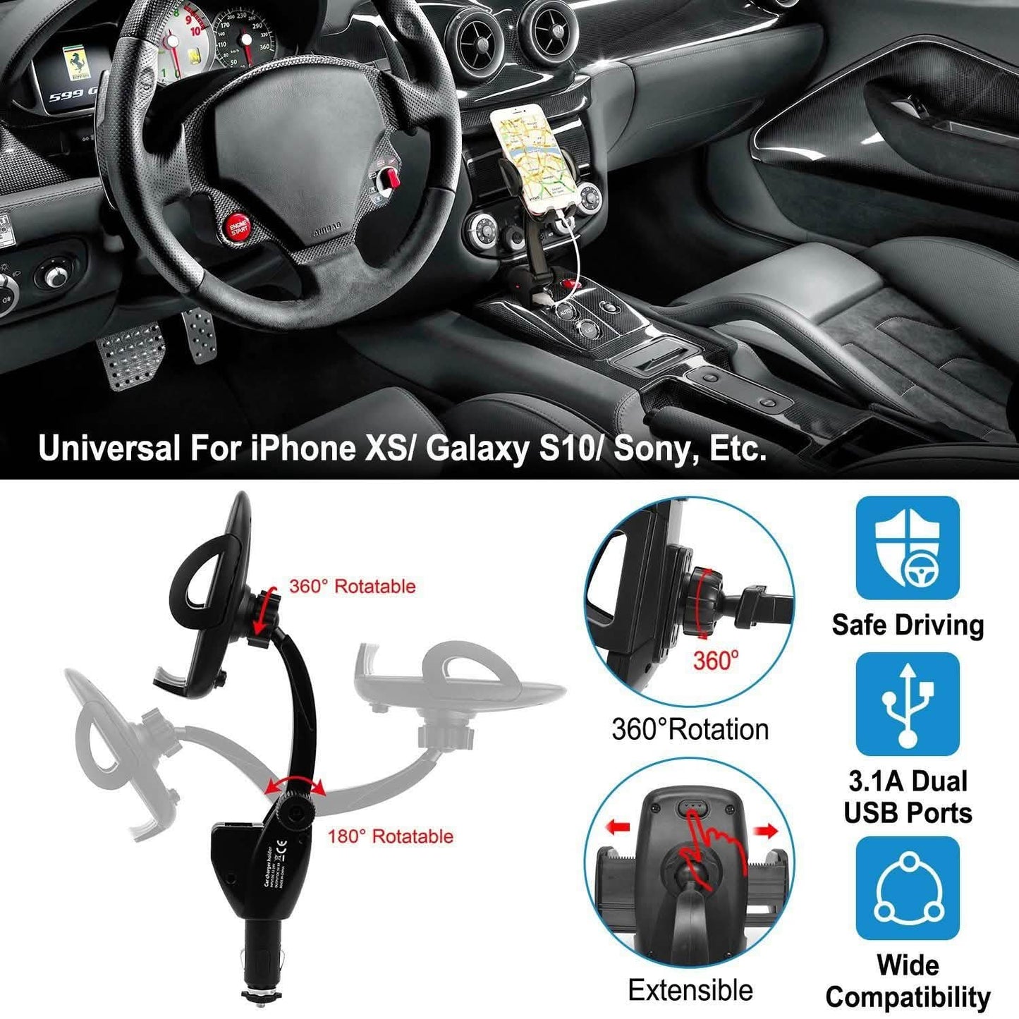 360° Dual USB Smartphone Mounting Car Charger Automotive - Tophatter Daily Deals