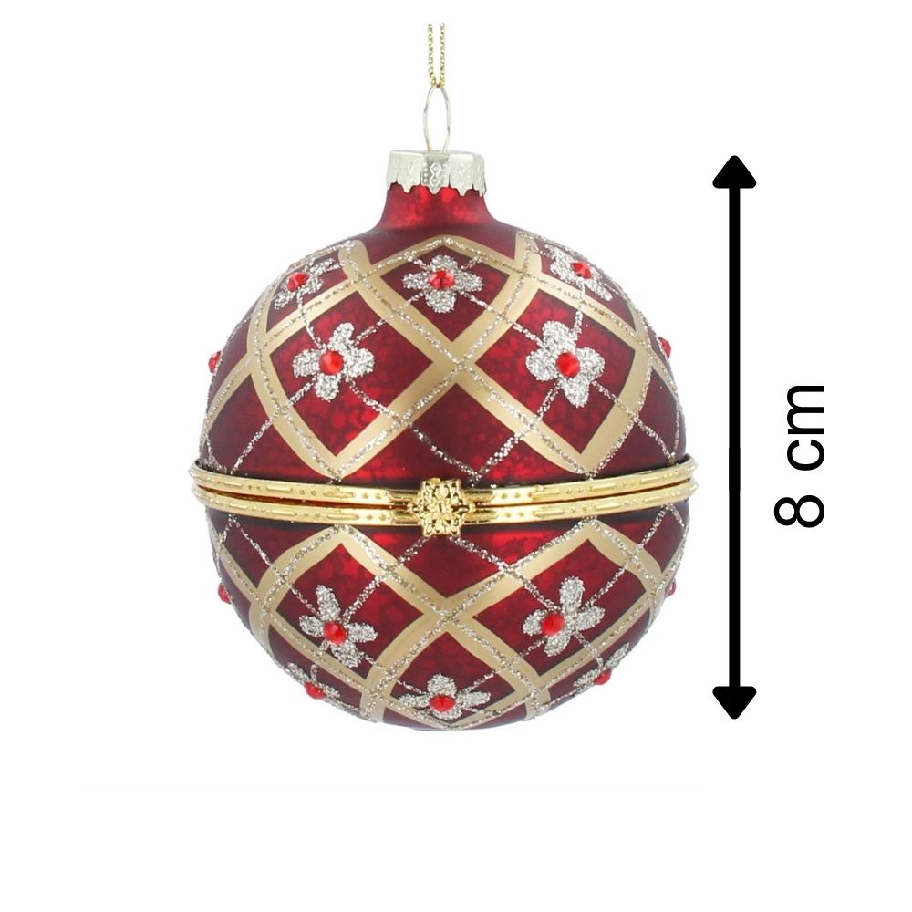 Red & Gold Floral Trellis Glass Locket Bauble | Christmas Tree Ornament - 8cm Baubles - Tophatter Daily Deals