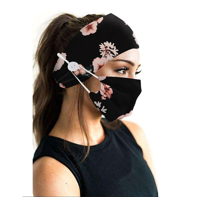 Button headband mask headscarf hair accessory 2-piece set Set Black pink flower 0 - Tophatter Daily Deals