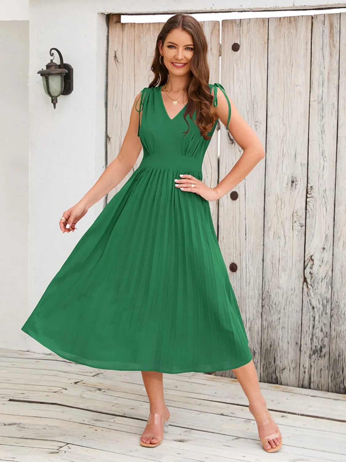 Pleated V-Neck Sleeveless Midi Dress Green Casual Dresses - Tophatter Daily Deals