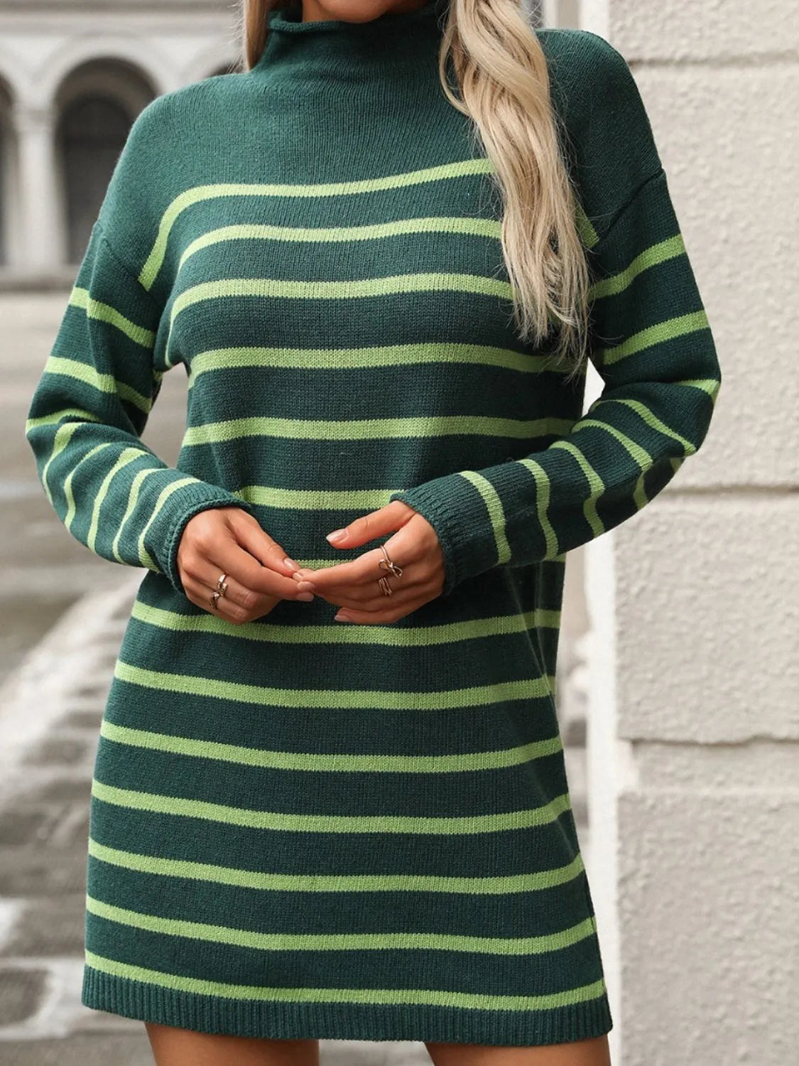 Striped Mock Neck Long Sleeve Mini Dress Casual Dresses - Tophatter Daily Deals