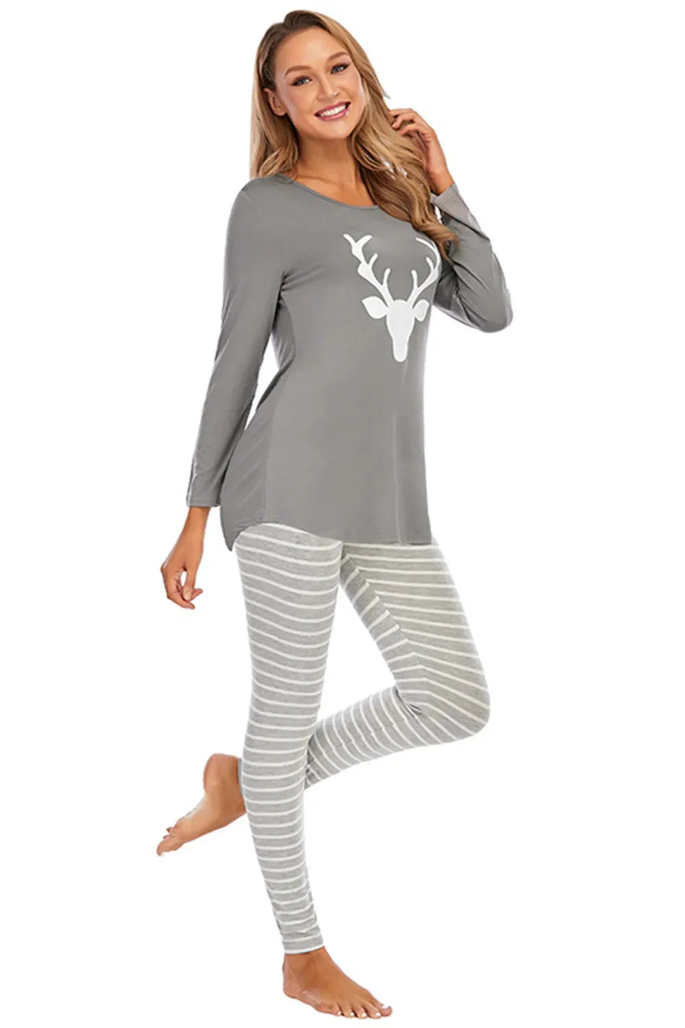 Graphic Round Neck Top and Striped Pants Set Loungewear Sets - Tophatter Daily Deals