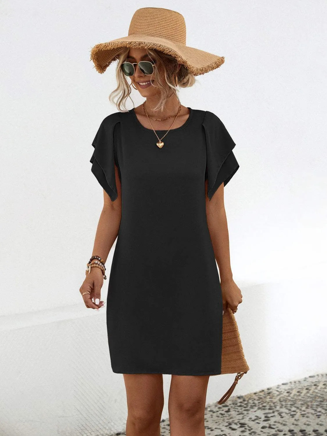 Round Neck Flutter Sleeve Mini Dress Black Casual Dresses - Tophatter Daily Deals