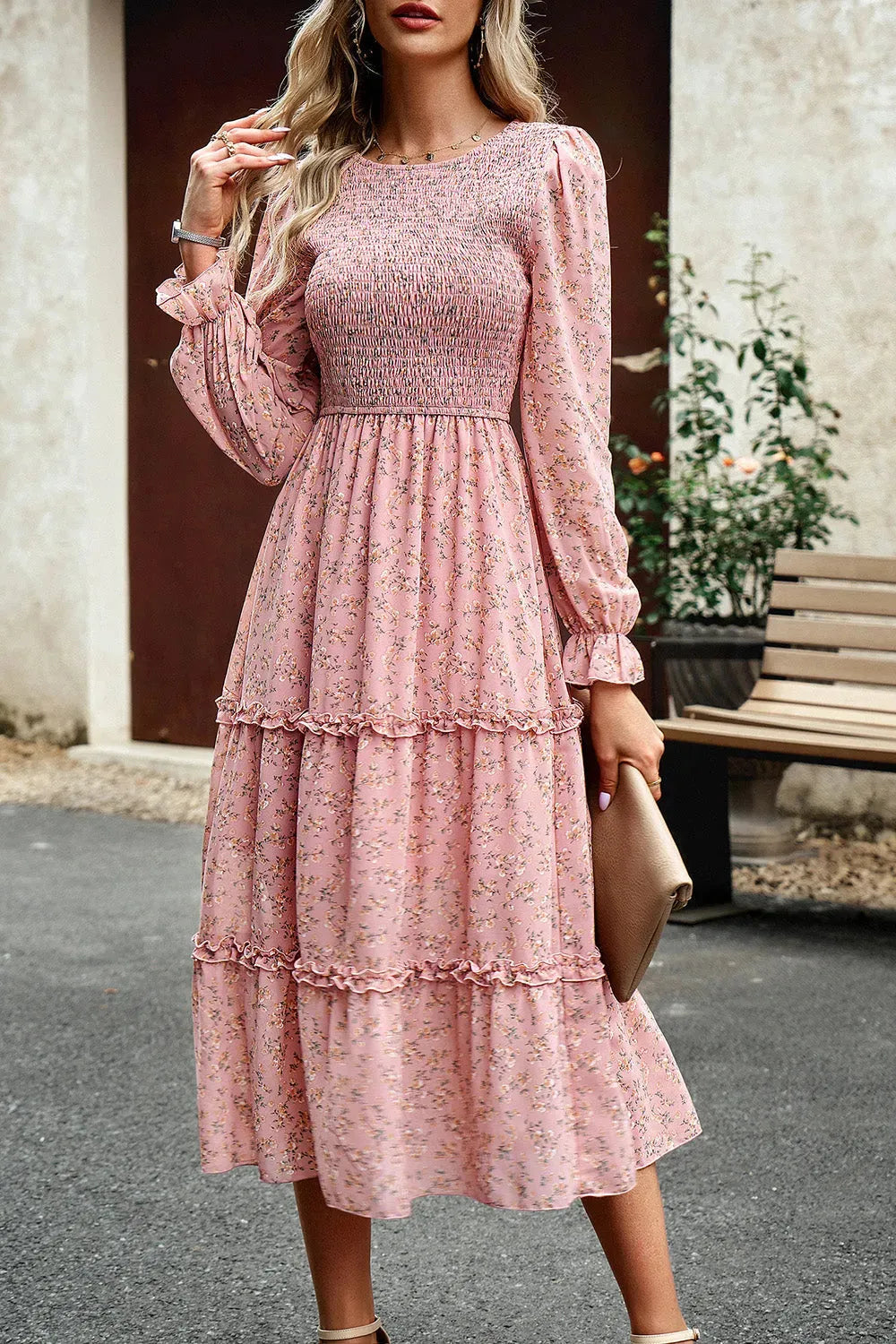 Smocked Flounce Sleeve Midi Dress Casual Dresses - Tophatter Daily Deals