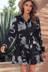 Leopard Collared Neck Long Sleeve Mini Dress Casual Dresses - Tophatter Daily Deals