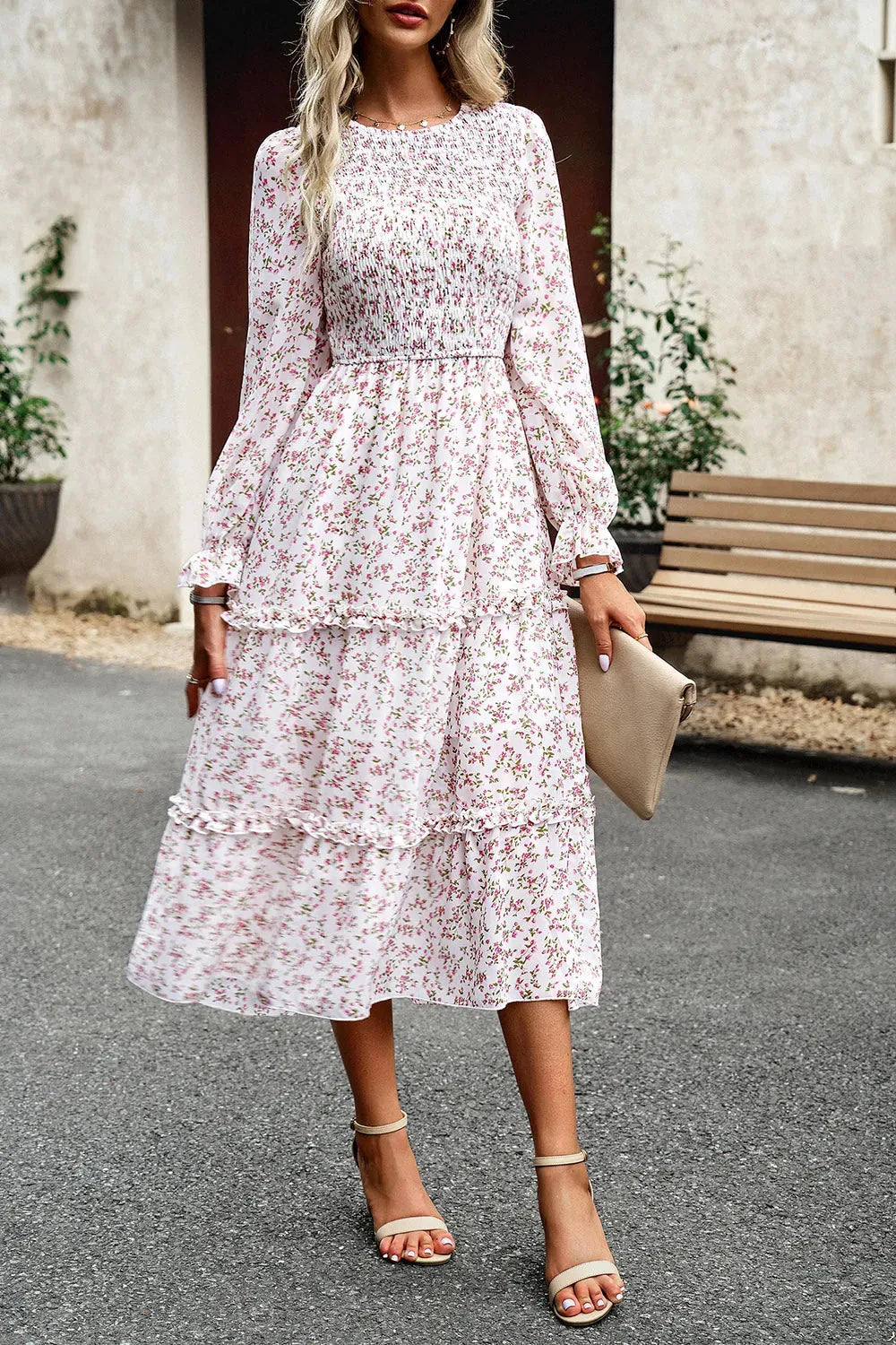 Smocked Flounce Sleeve Midi Dress Blush Pink Casual Dresses - Tophatter Daily Deals