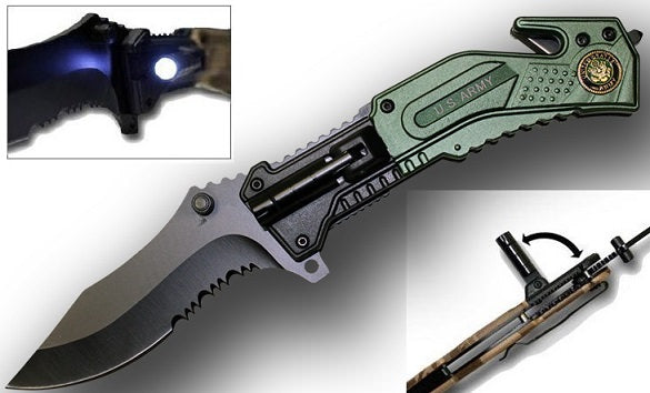 U.S Army Rescue Folder Spring Assist Knife - LED Light - TOPHATTER'S ARMORY DEALS Collectible Weapons - Tophatter Daily Deals