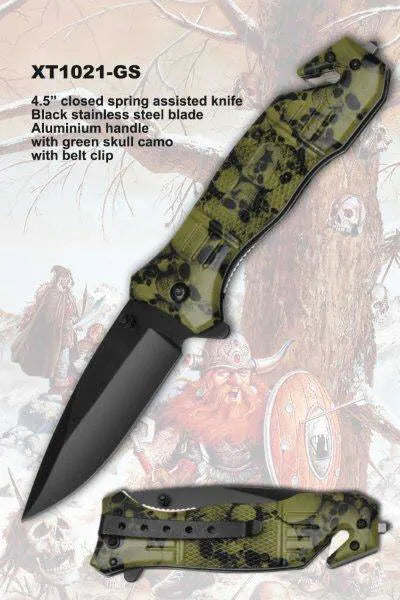 Jungle Green Skull Camo Handle Rescue Spring Assisted Knife - Tophatter Daily Deals
