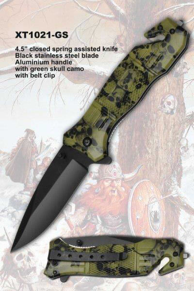 Jungle Green Skull Camo Handle Rescue Spring Assisted Knife - TOPHATTER'S ARMORY DEALS Collectible Weapons - Tophatter Daily Deals