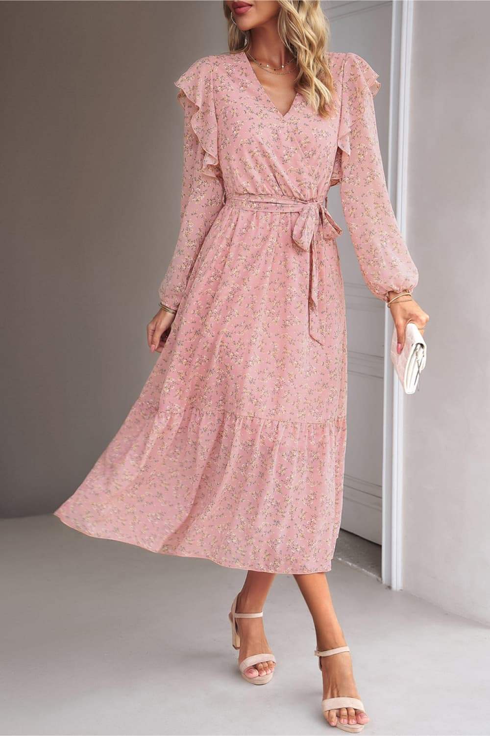 Surplice Neck Balloon Sleeve Midi Dress Peach Casual Dresses - Tophatter Daily Deals