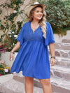 Plus Size Openwork Button Up V-Neck Short Sleeve Dress Royal Blue Casual Dresses - Tophatter Daily Deals