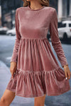 Ribbed Round Neck Ruffle Hem Mini Dress Casual Dresses - Tophatter Daily Deals