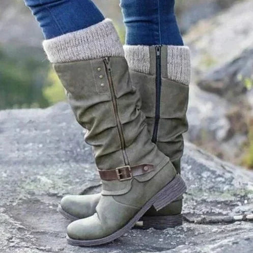 Warm Cozy Women Knee-High Boots - Buckle Knit Cuff, Suede Green - Tophatter Daily Deals