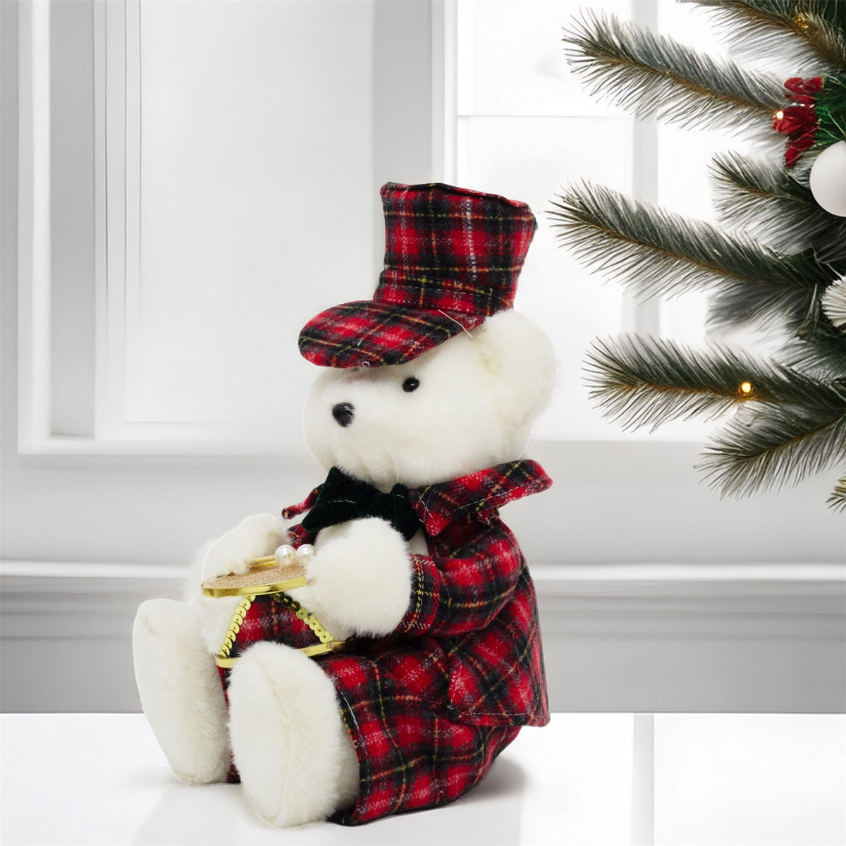 Sitting Christmas Bear Decoration | Fluffy Bear in Tartan Uniform with Drum Ornament - Tophatter Daily Deals