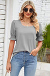 Smocked Square Neck Short Sleeve T-Shirt Heather Gray Women's T-Shirts - Tophatter Daily Deals