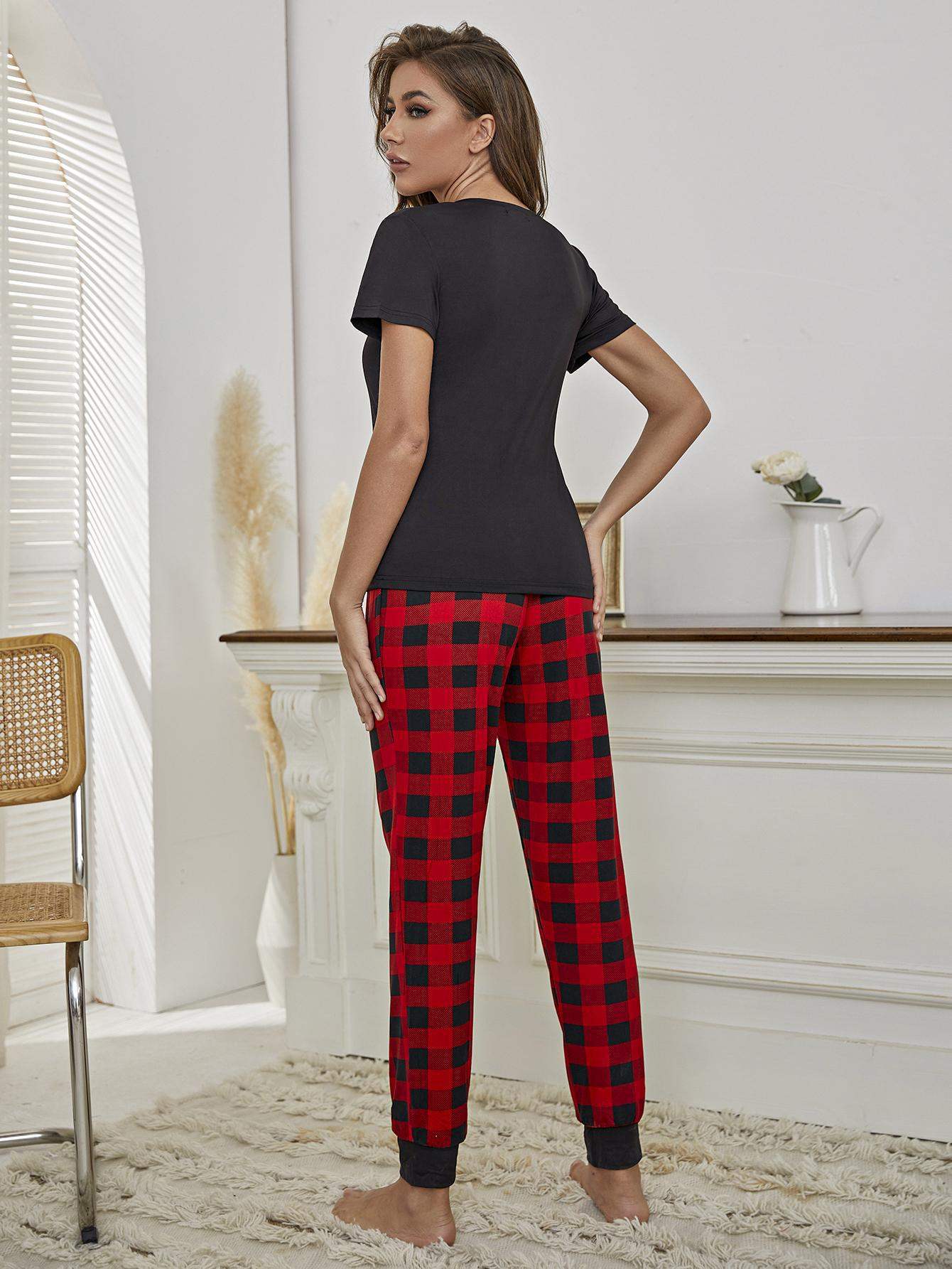 Heart Graphic Tee and Plaid Joggers Lounge Set Loungewear Sets - Tophatter Daily Deals