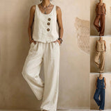 Women's Cotton Linen Sleeveless Tank Top & Pants Two-Piece Set Women's Tops - Tophatter Daily Deals