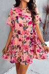 Printed Tiered Round Neck Mini Dress Blush Pink Casual Dresses - Tophatter Daily Deals