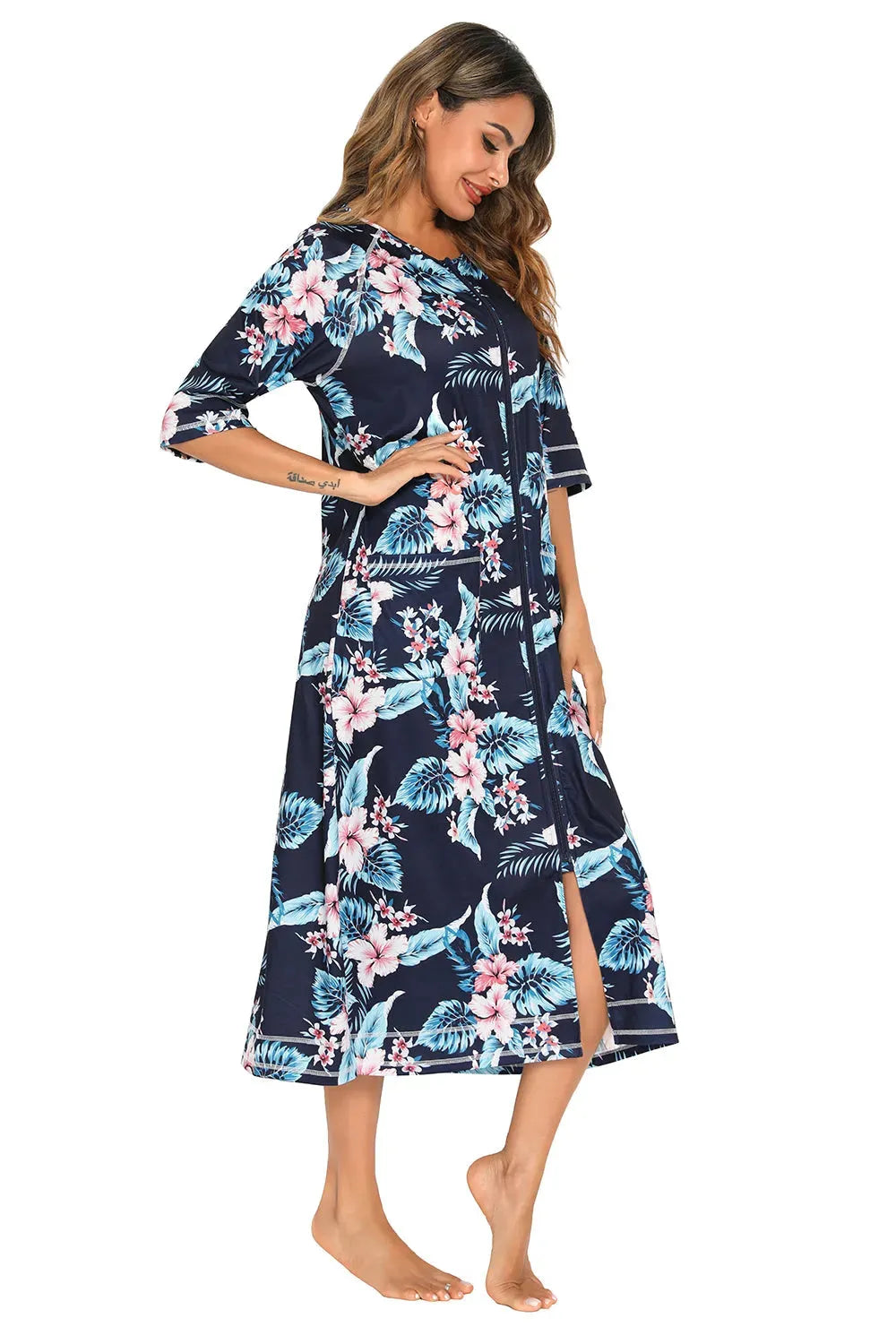 Printed Slit Night Dress with Pockets Sleep Dresses - Tophatter Daily Deals
