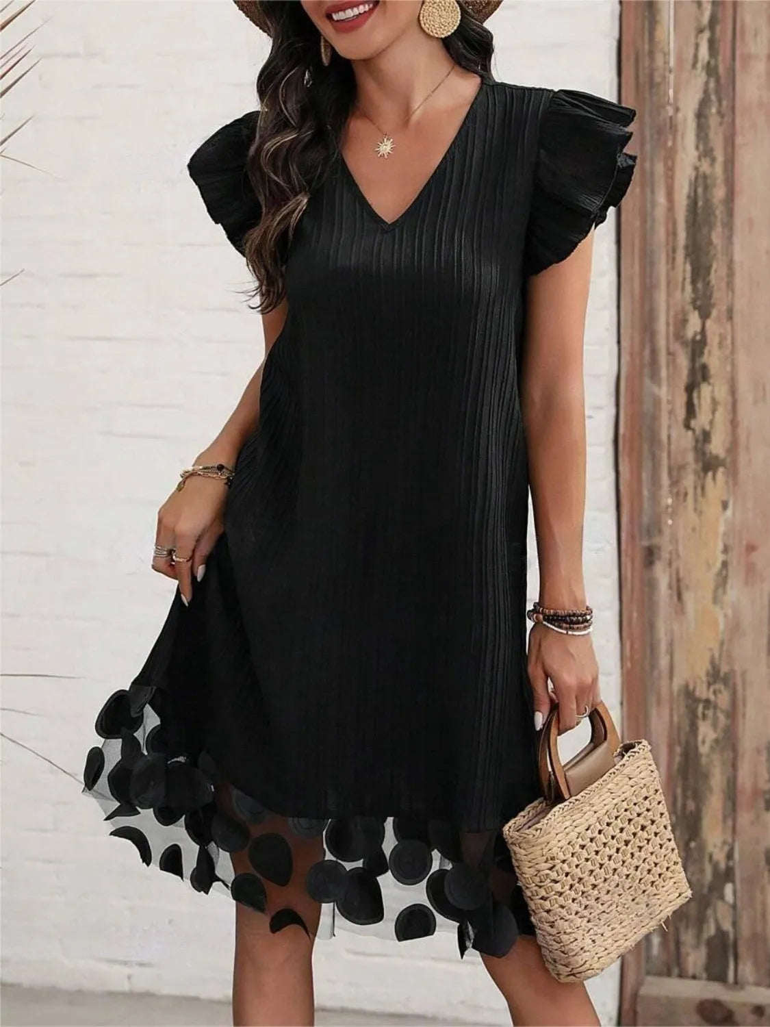 Ruffled V-Neck Cap Sleeve Dress Casual Dresses - Tophatter Daily Deals