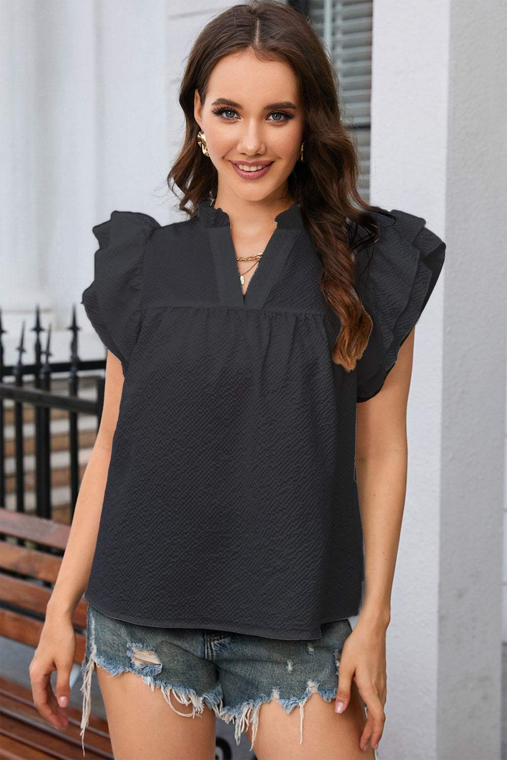 Notched Neck Butterfly Sleeve Blouse Black Blouses - Tophatter Daily Deals