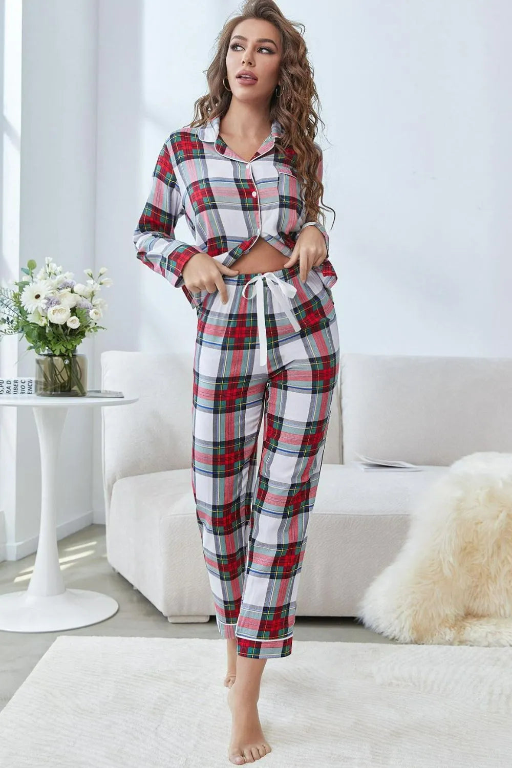 Plaid Button Front Top and Pants Lounge Set Plaid Loungewear Sets - Tophatter Daily Deals